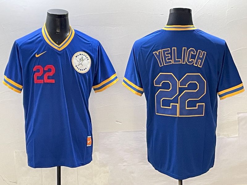 Men Milwaukee Brewers #22 Yelich Blue Throwback Game 2025 Nike MLB Jersey style 3